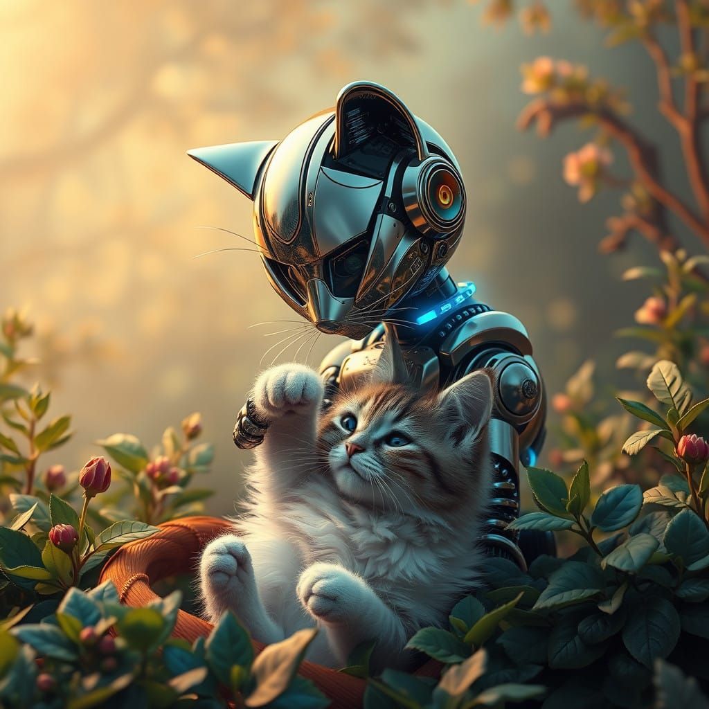 Victorian-Inspired Robot Cat in Whimsical Wonderland