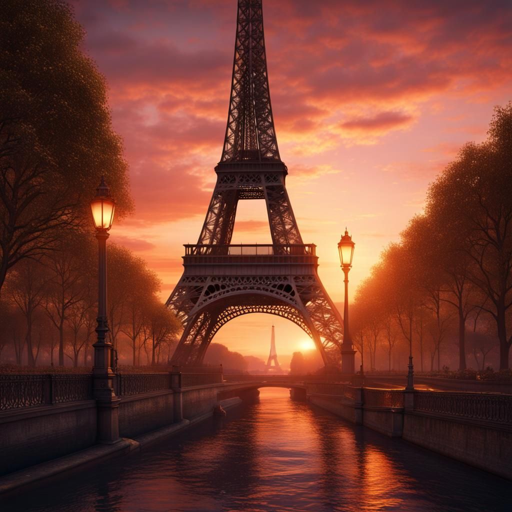 Eiffel Tower Sunset: Detailed Matte Painting