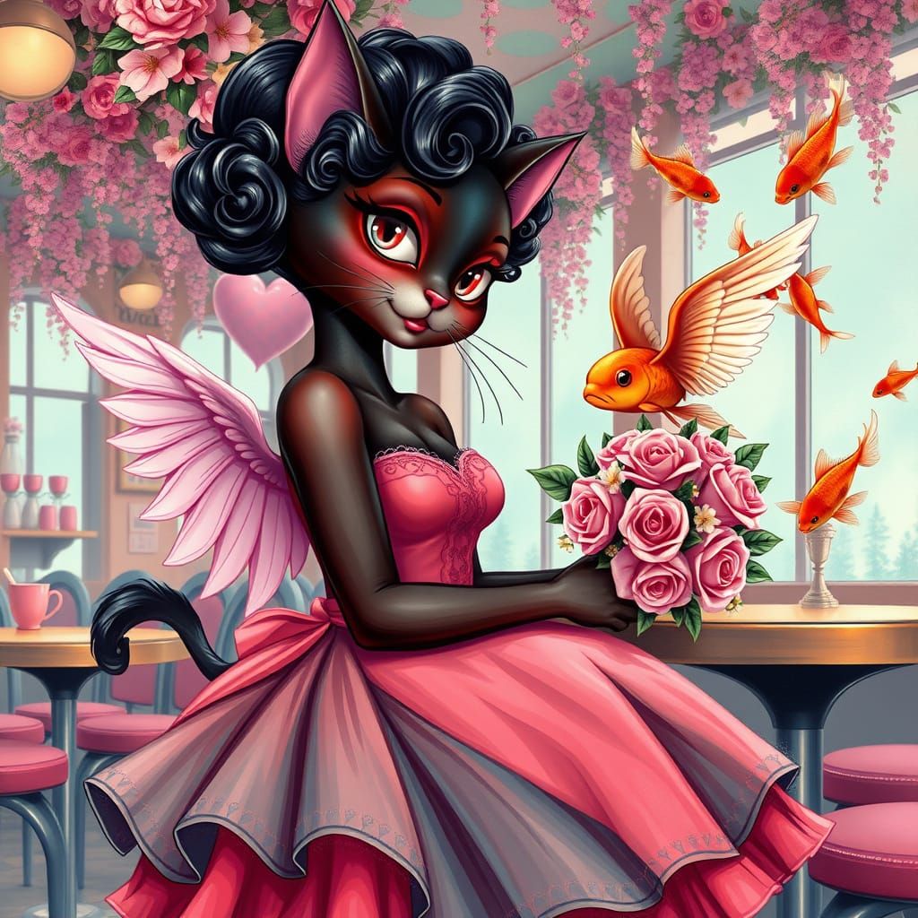 Cat Girl Valentine's Day Pin-up Scene in Vibrant Cafe