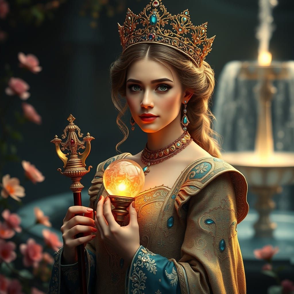 Regal Queen in Opulent Garden Portrait