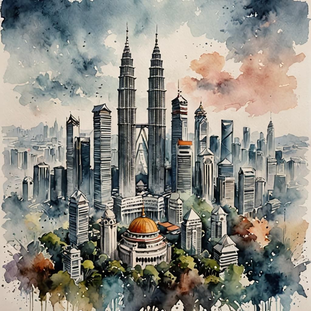 Kuala Lumpur Skyline in Watercolor Style