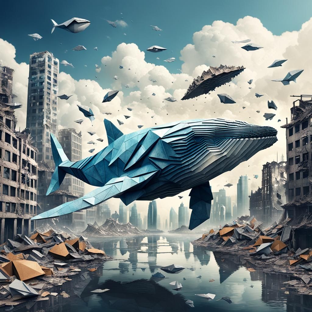 Futuristic Whale Over Post-Apocalyptic City in Origami Style