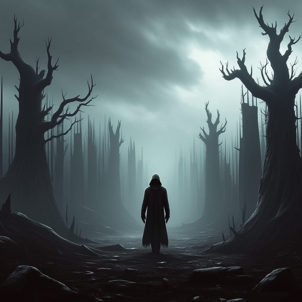 Spectral Wanderer in Ruined City Digital Painting