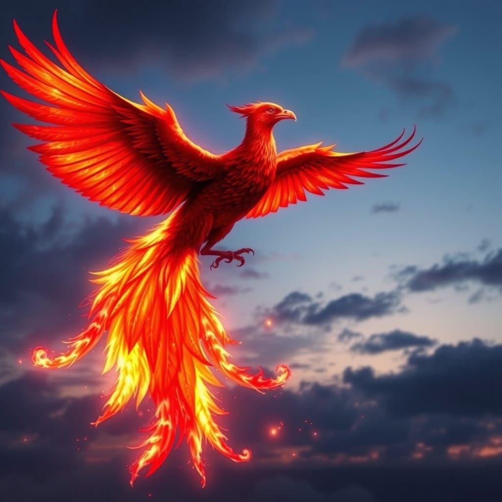 Majestic Phoenix Soaring Through Twilight Sky