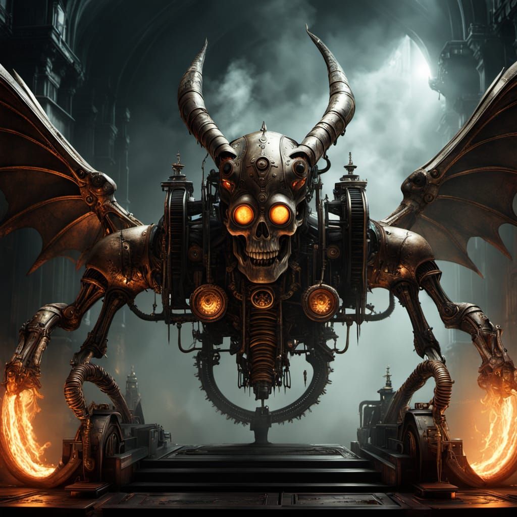 Steampunk Demon Portrait with Molten Lava Wings