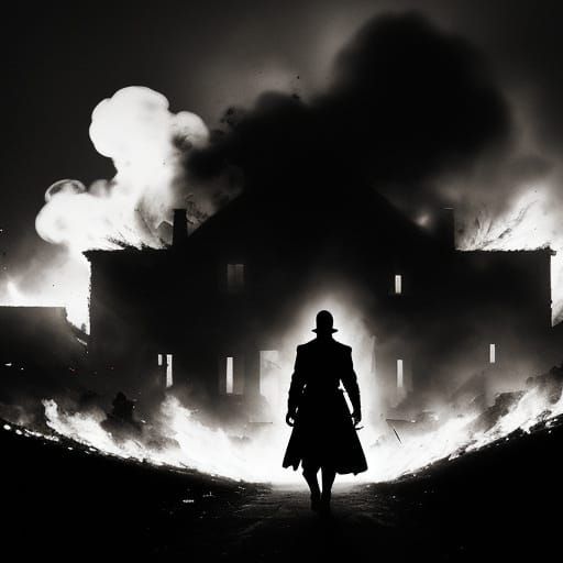 Film Noir Silhouette Fleeing Burning House with Glowing Arti...