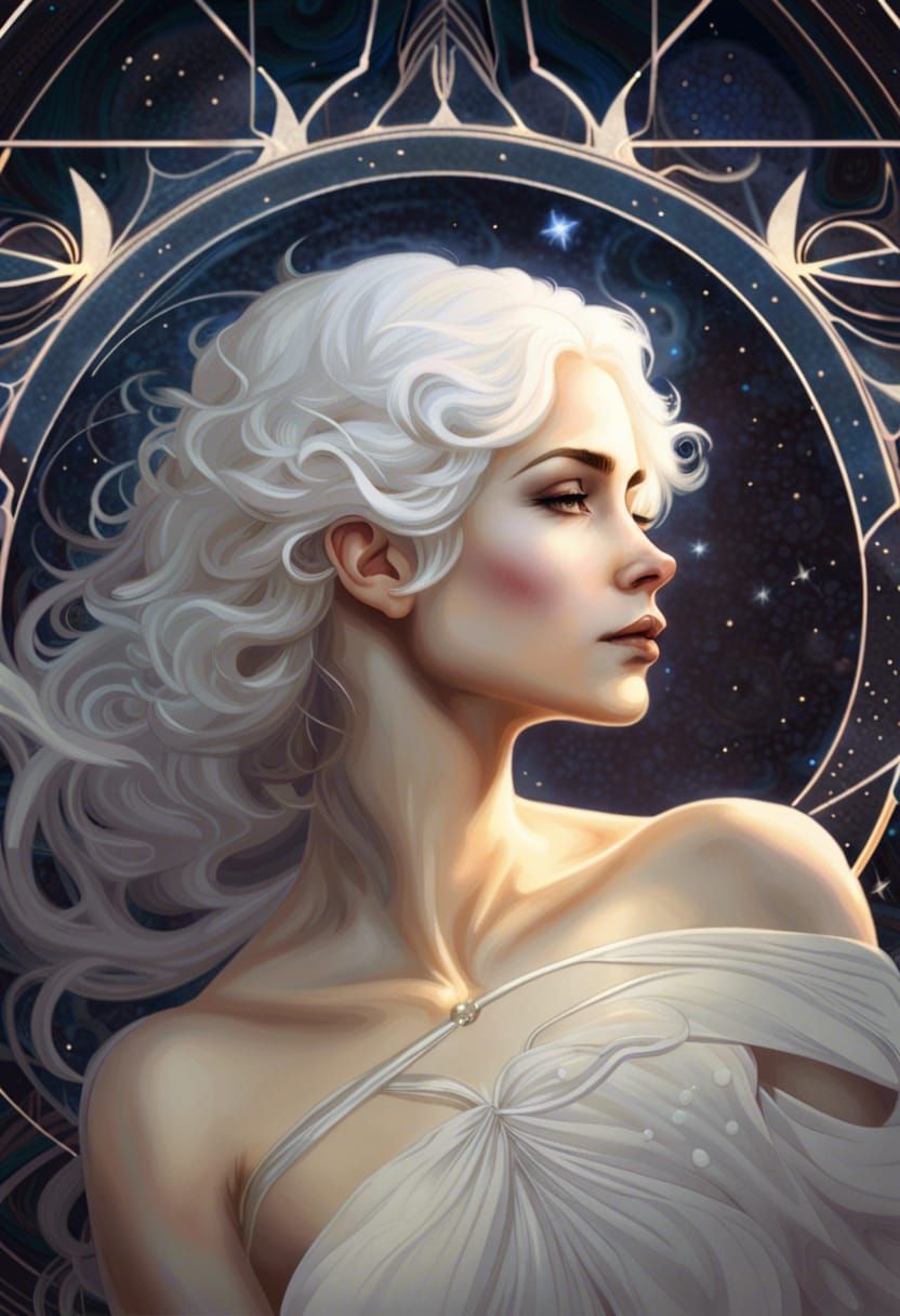 White-Haired Woman with Starry Sky, Art Deco Style