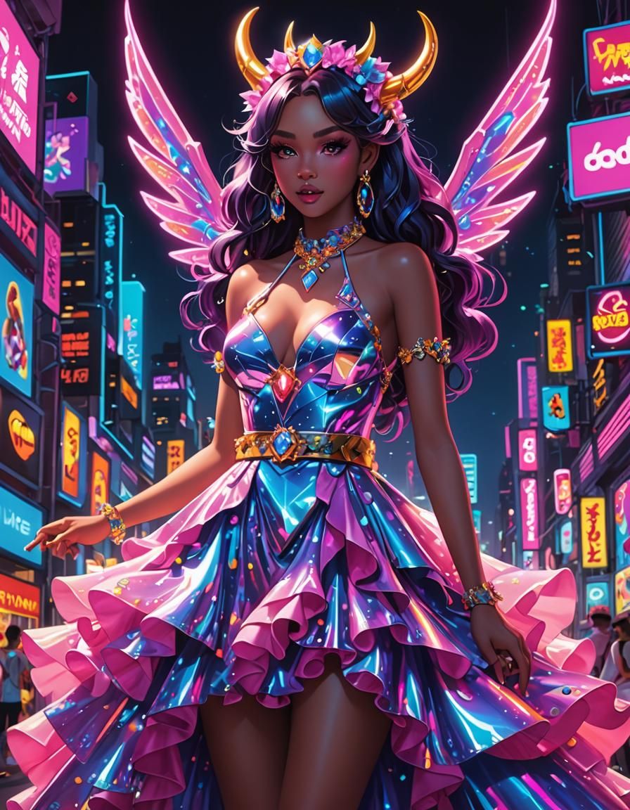 Demoness in Ice Dress with Neon Lights, Anime Art