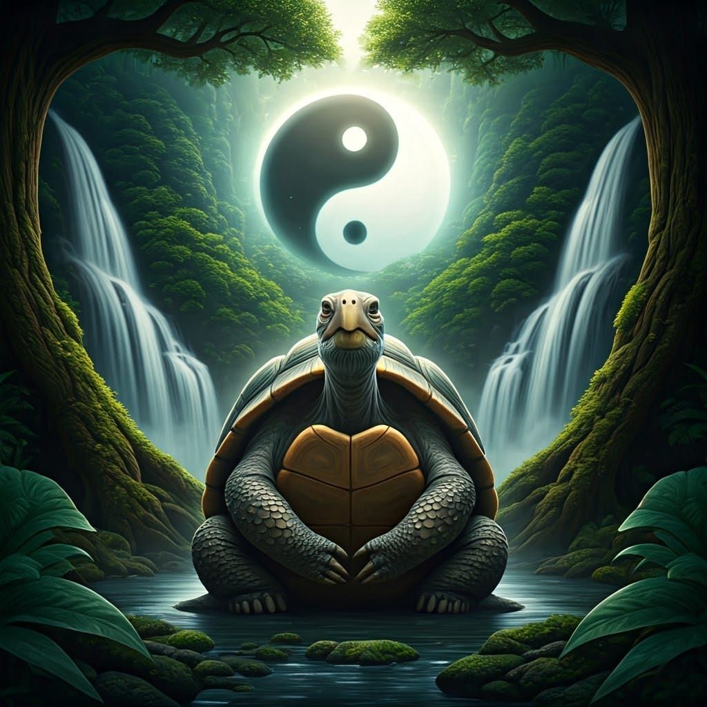 Meditating Turtle Under Waterfall: Fantasy Concept Art