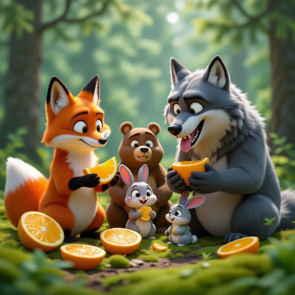 Fox, Bear, Rabbit, and Wolf with Oranges: 3D Pixar Style