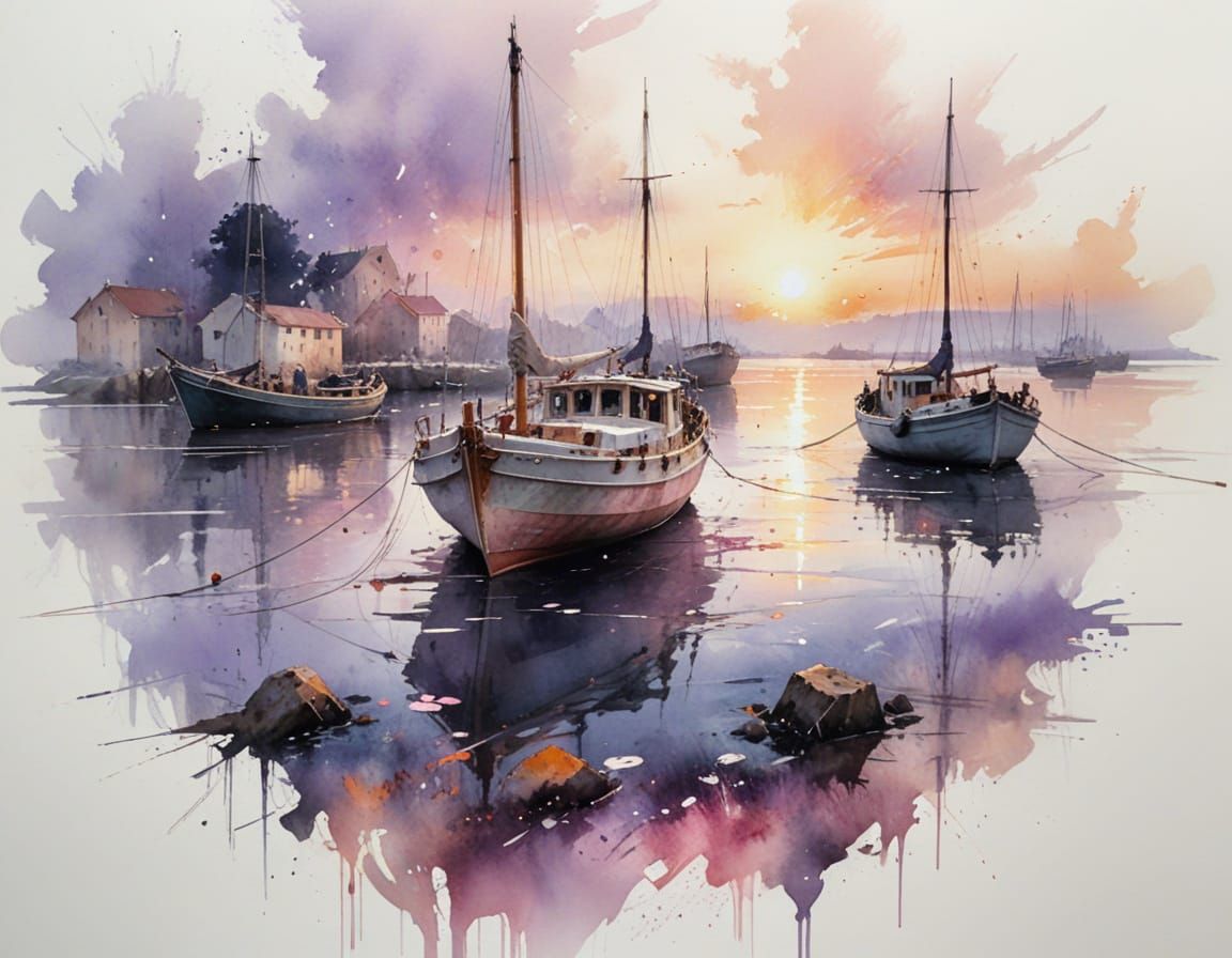 Watercolor Sailing Boat at Harbor at Sunset