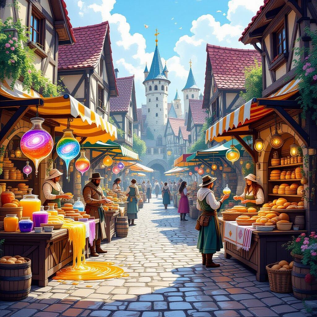 Surreal Medieval Market of Liquid Goods