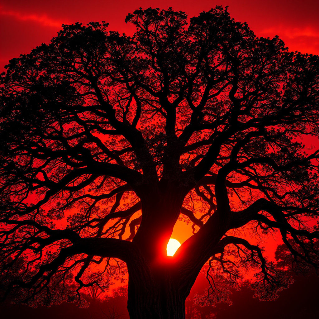 Majestic Walnut Tree at Sunset: Hyper-Realistic Style