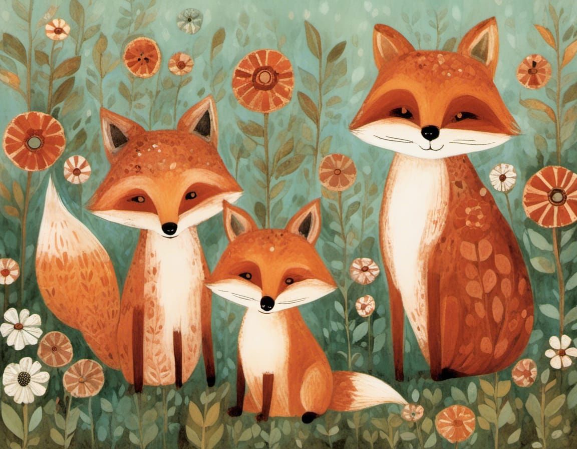 Fox Family at Blackberry Hedge, Folk Art Illustration