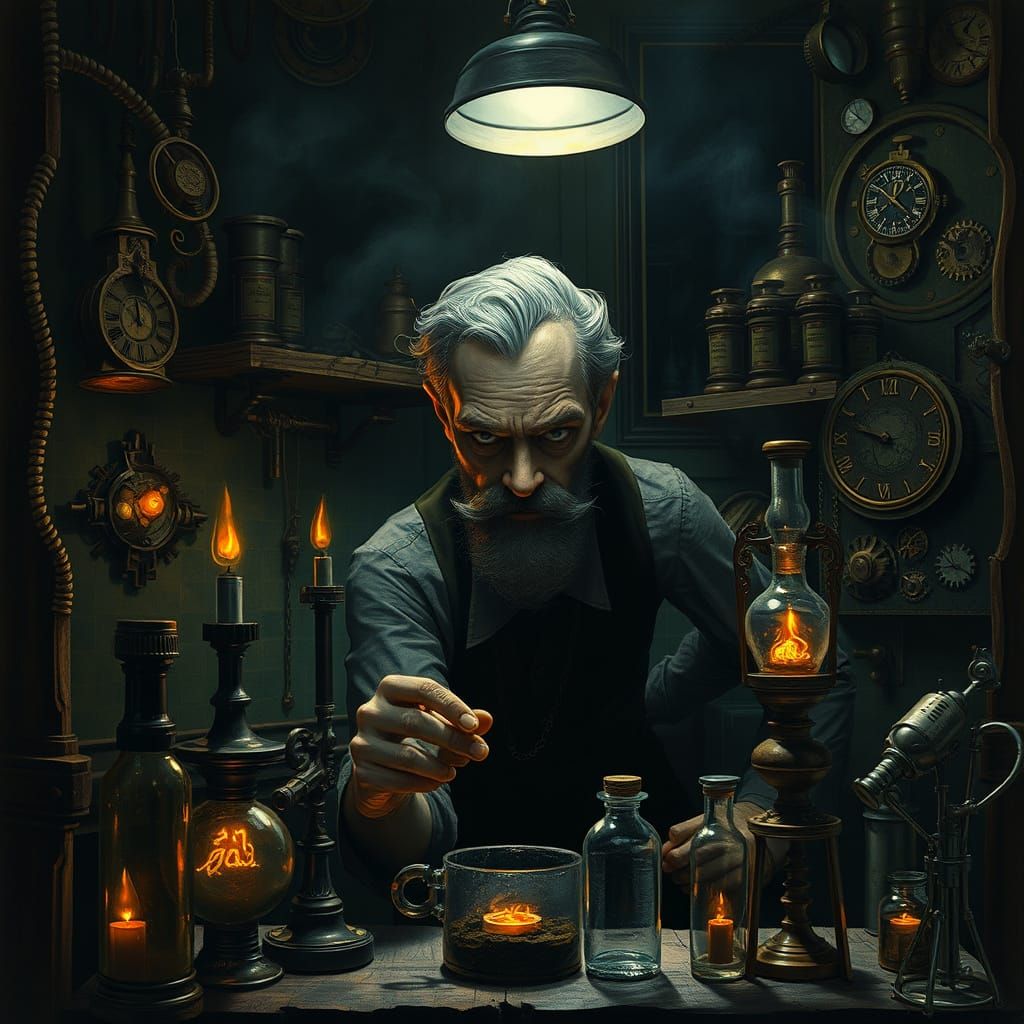Melancholy Inventor Amidst Clockwork and Glowing Vials