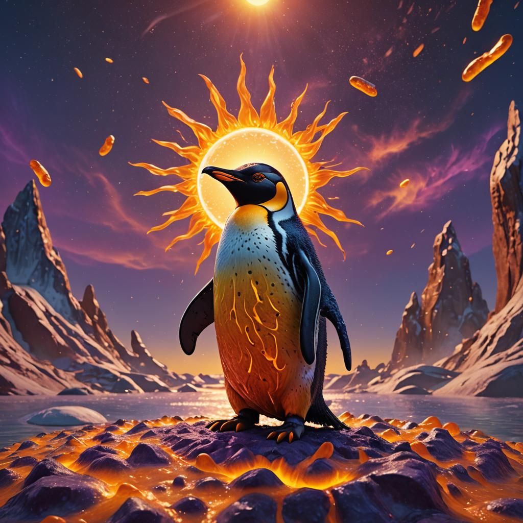 Cheeto Penguin Stands on the Sun, Digital Art