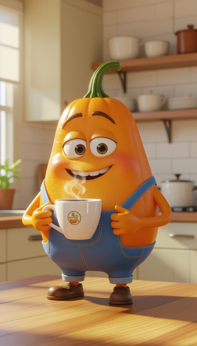 Cute Anthropomorphic Pumpkin Drinks Coffee in Kitchen