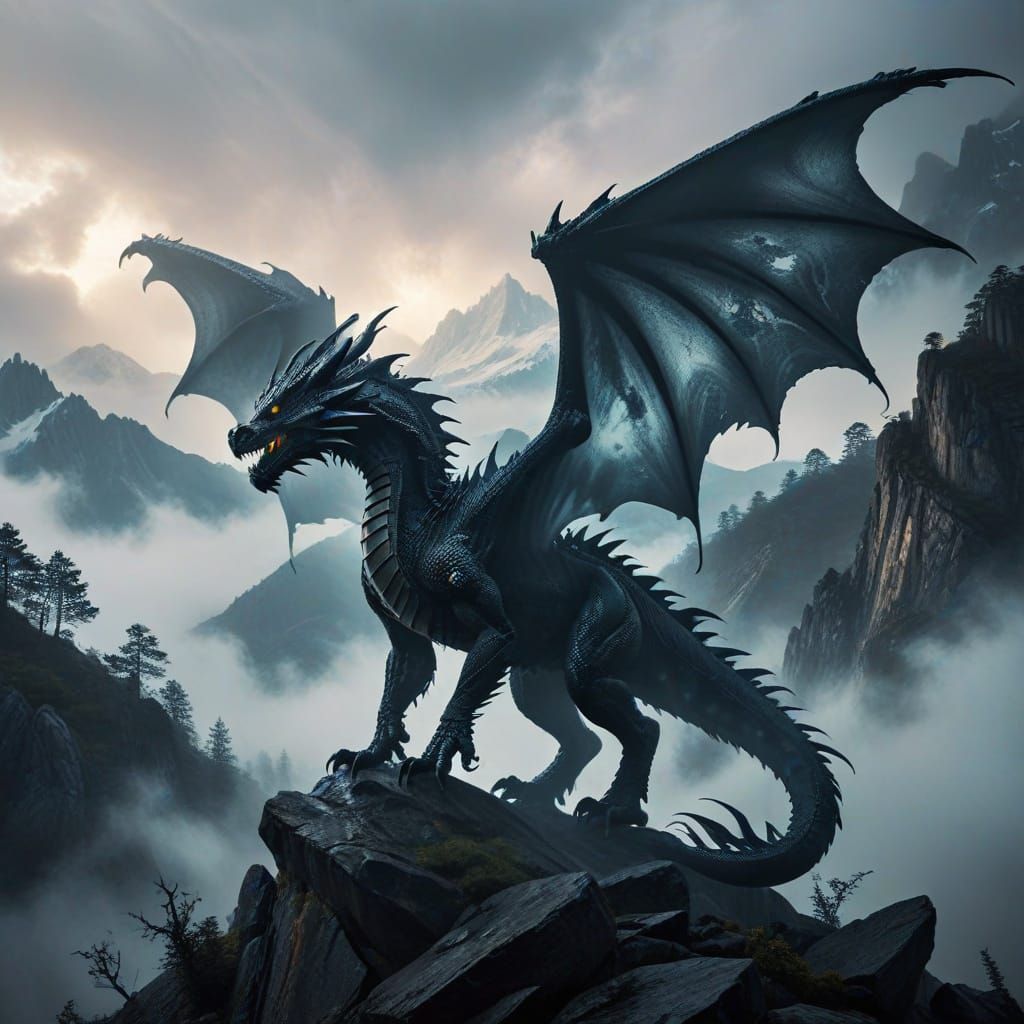 Ethereal Dragon Silhouette in Misty Mountains