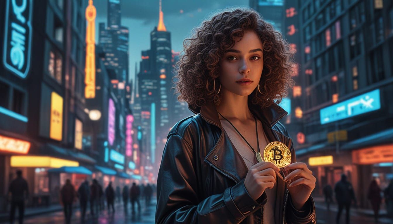 Cyberpunk Model Embraces Bitcoin in Futuristic Cityscape
