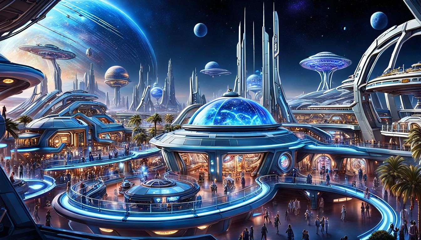 Intergalactic Space Station Theme Park in Cyberpunk Style