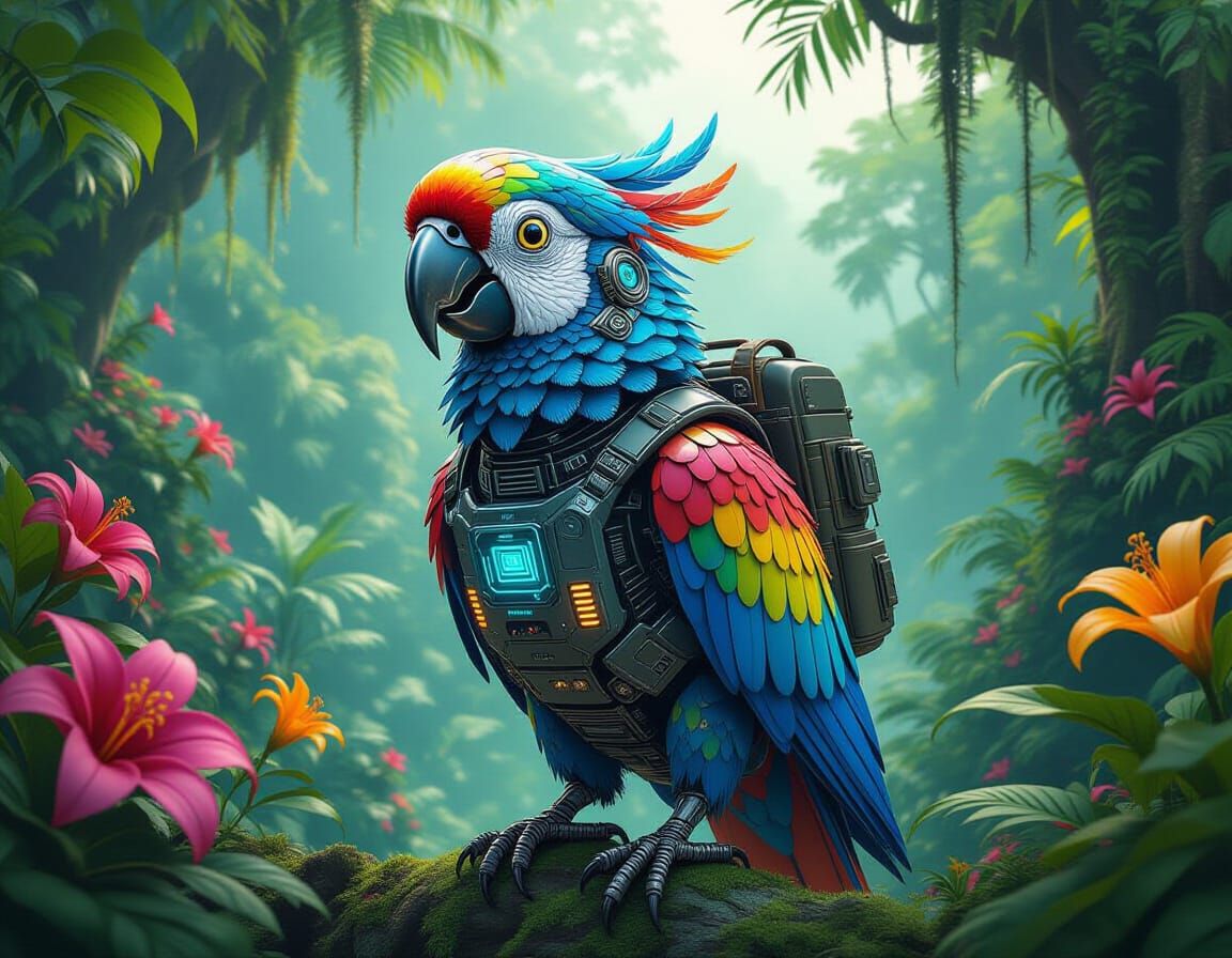 Adorable Cyborg Parrot in Futuristic Jungle