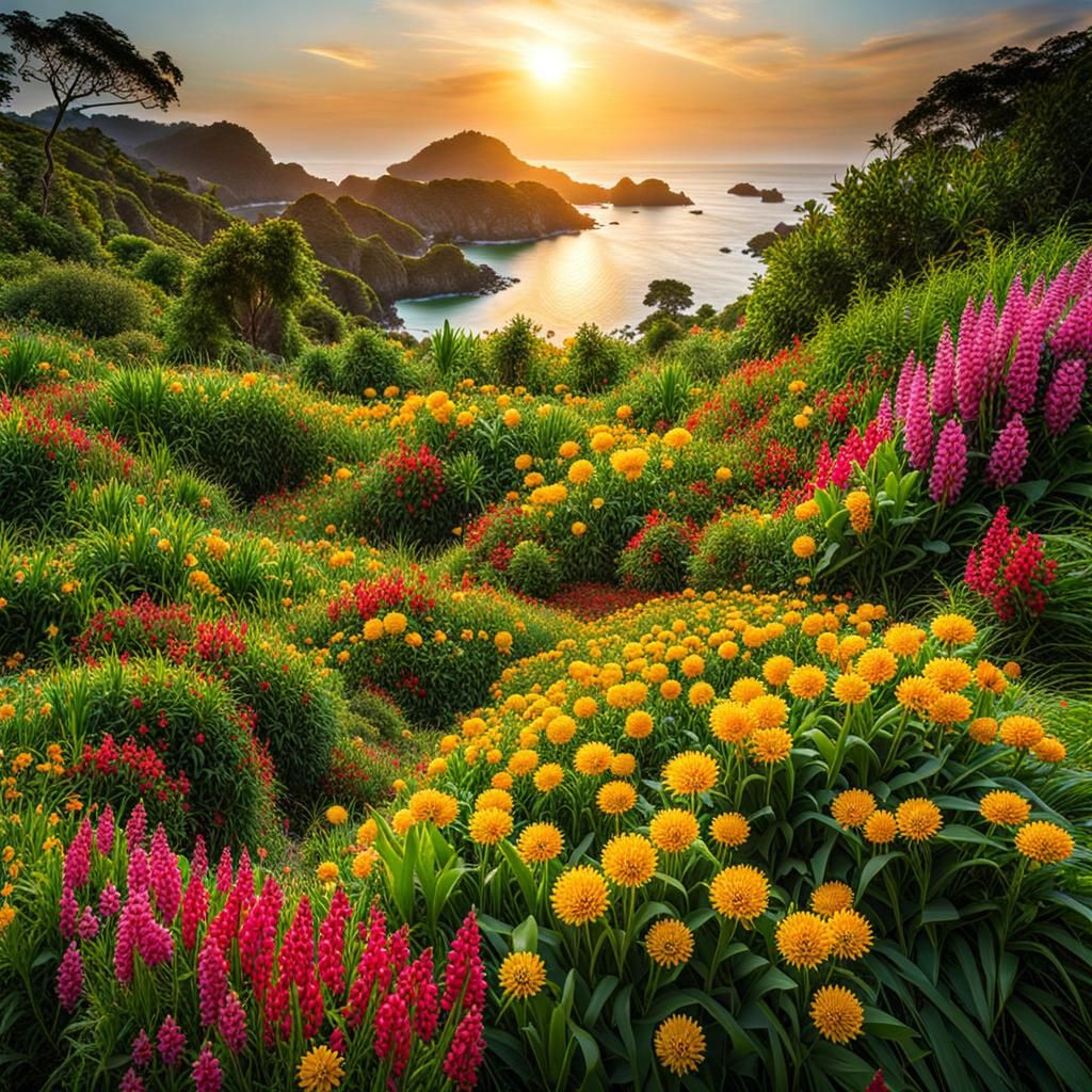 Hyperrealistic Island Resort with Native Flowers