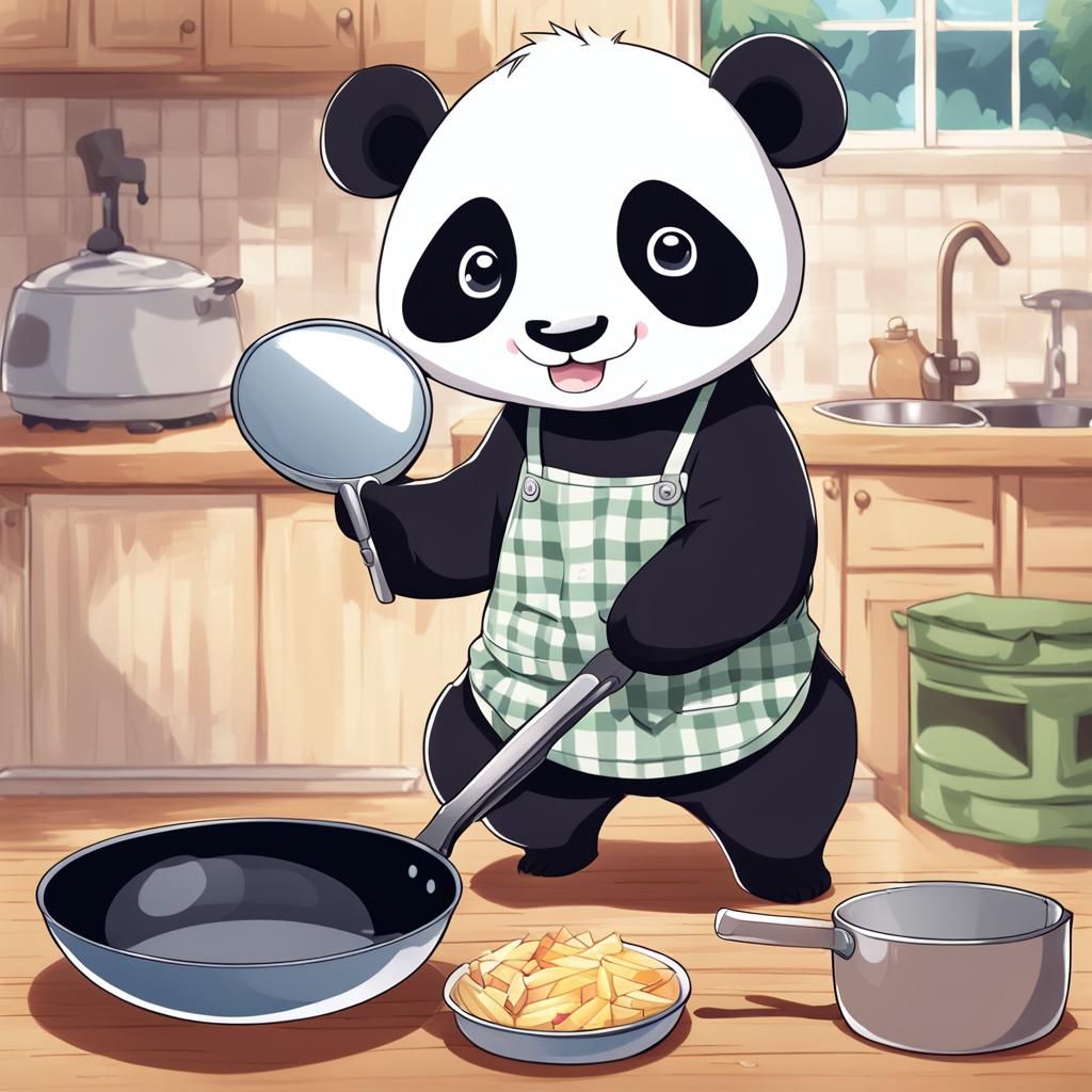 Cute Panda Bear with Pan in Anime Style