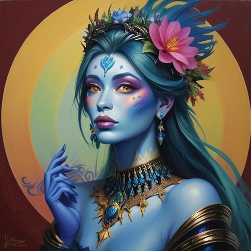 Dragon Feathered Woman with Rainbow Skin, Oil Painting