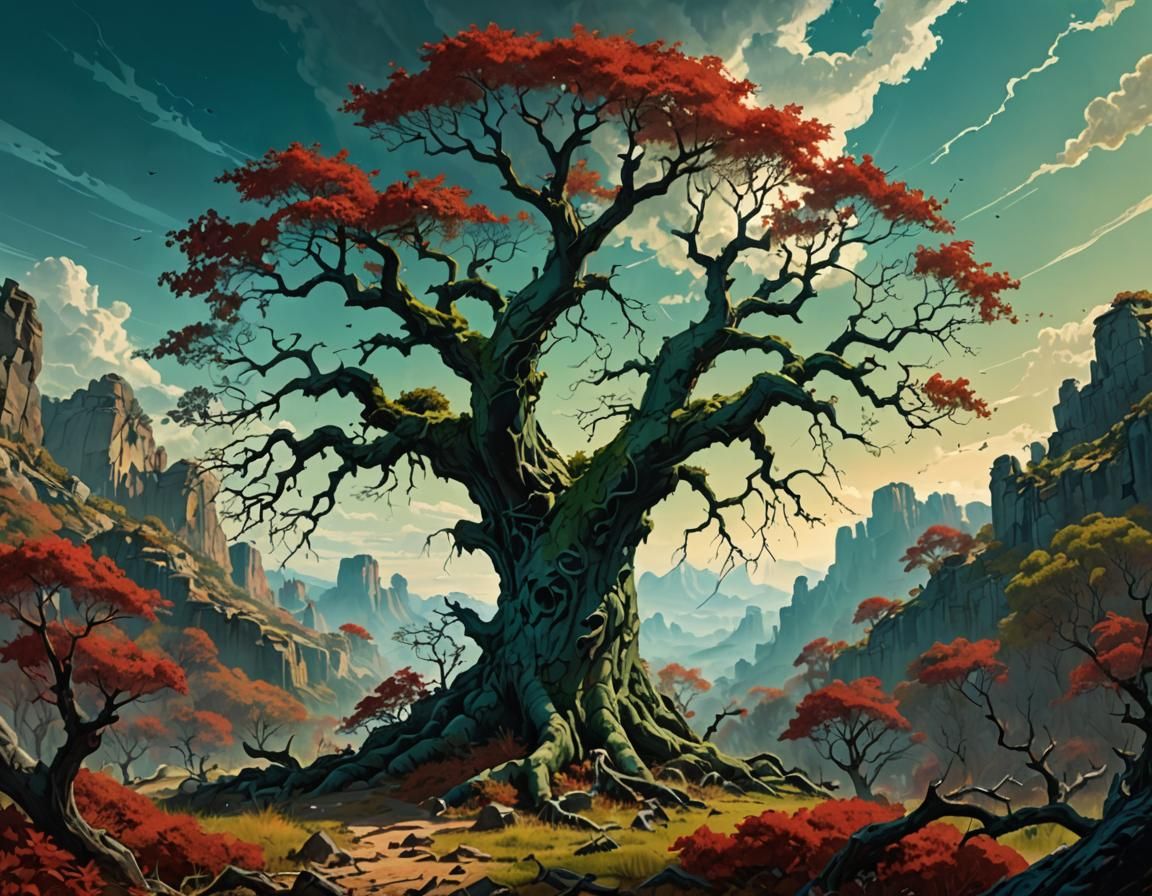 Tree in Contrasting Landscape, High Fantasy Art