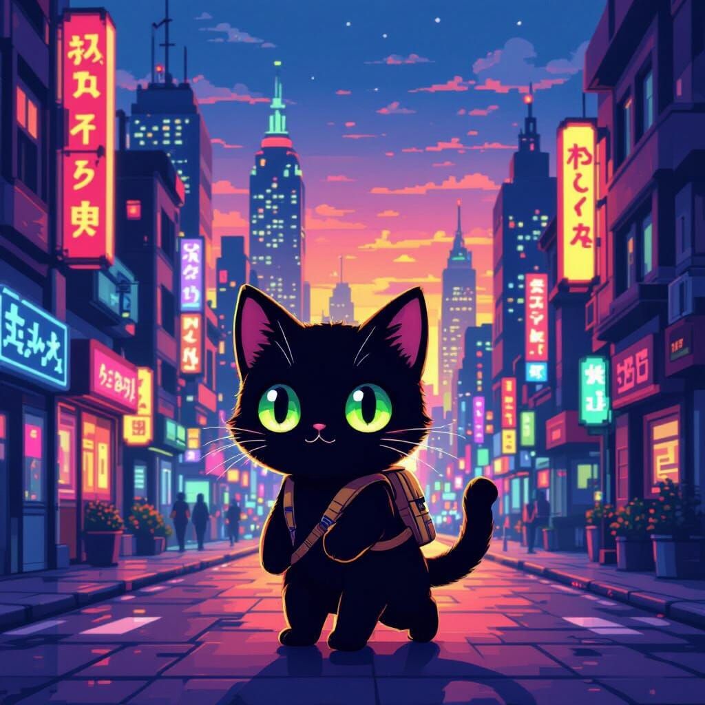 Black Cat Adventures in 8-bit Pixel Art City