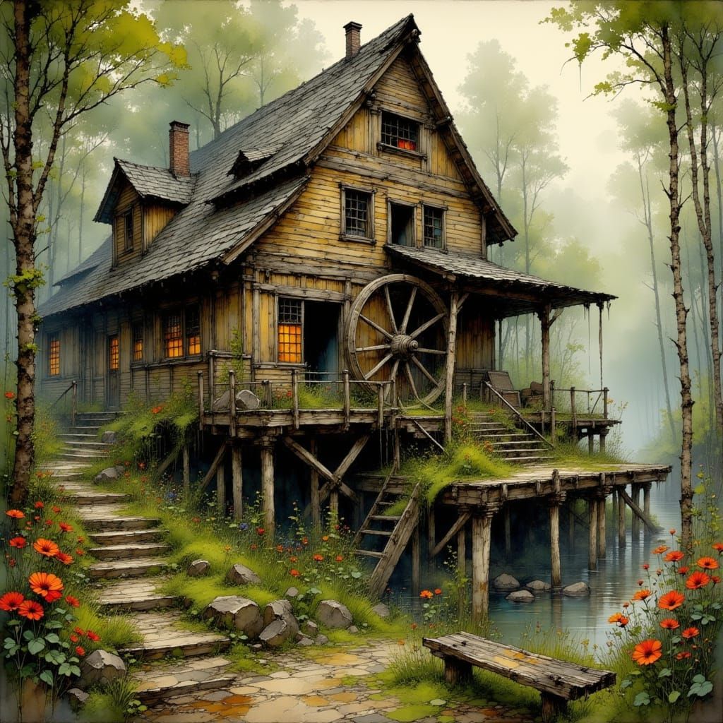 Misty Woodland Watermill in Classical Style