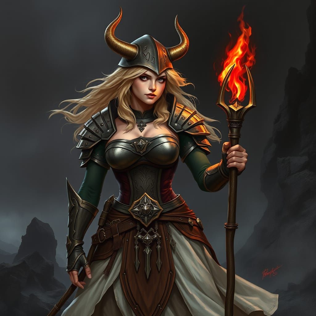Strong Female Warrior in Intricate Armor with Horned Helmet