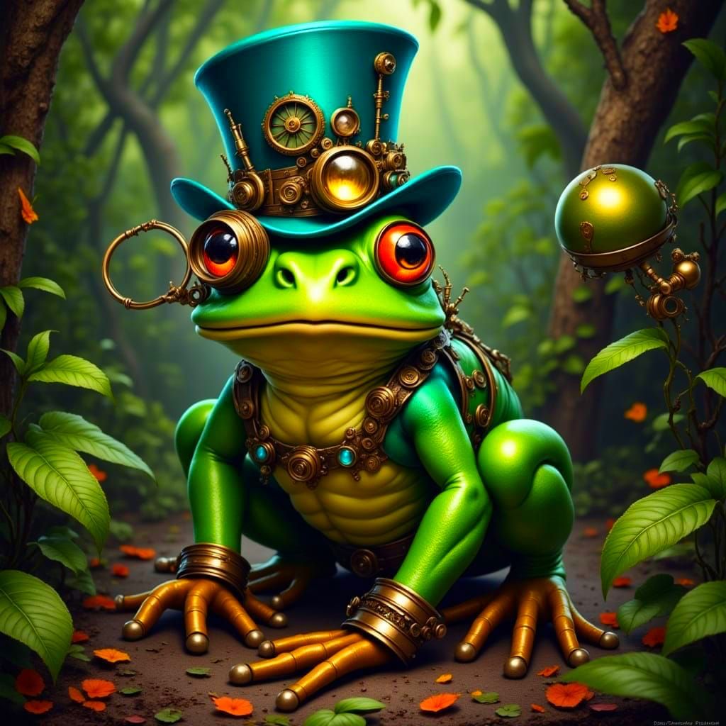 Dapper Steampunk Frog Watches Goblin Wrestling Match