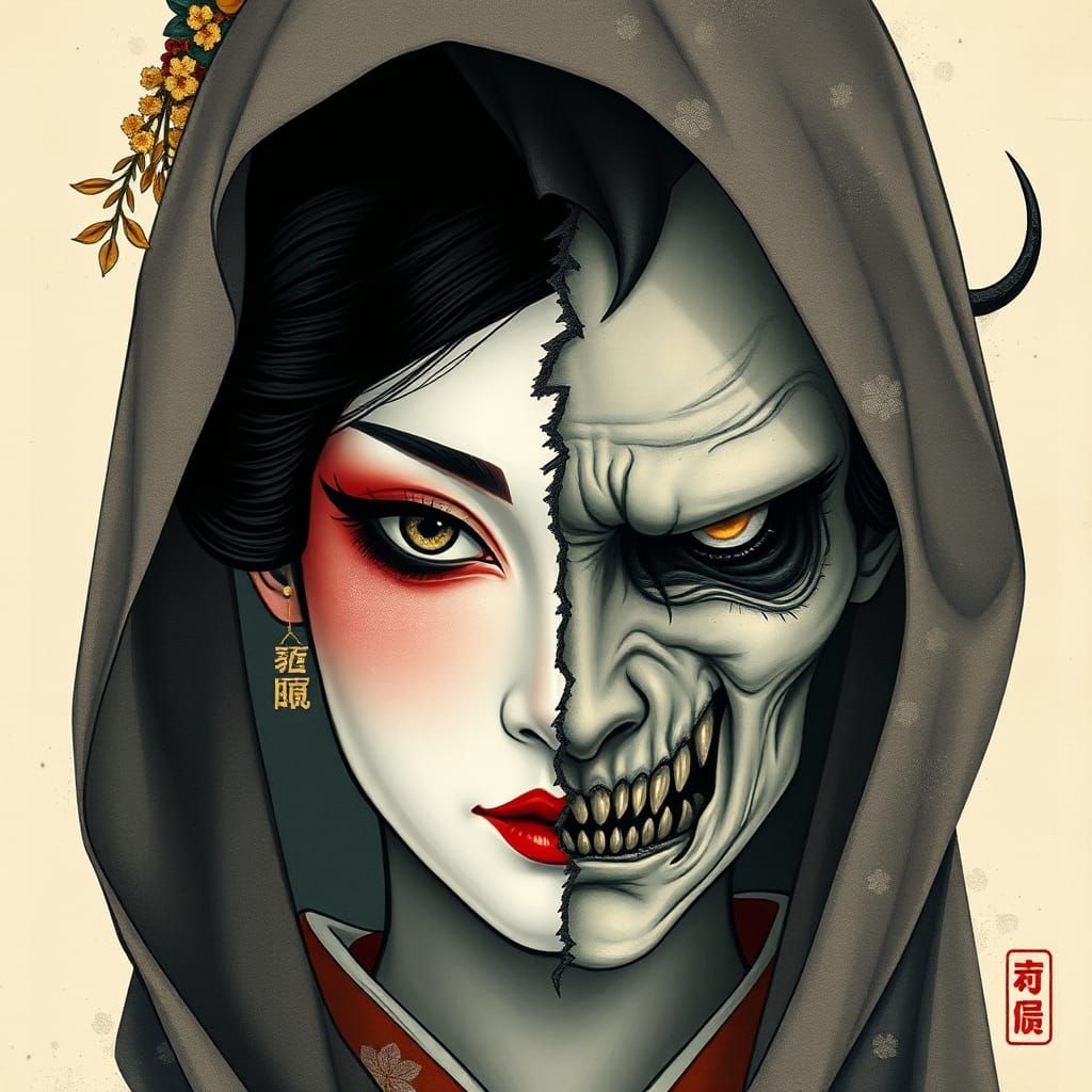 Geisha and Witch Split Portrait in Ukiyo-e Style