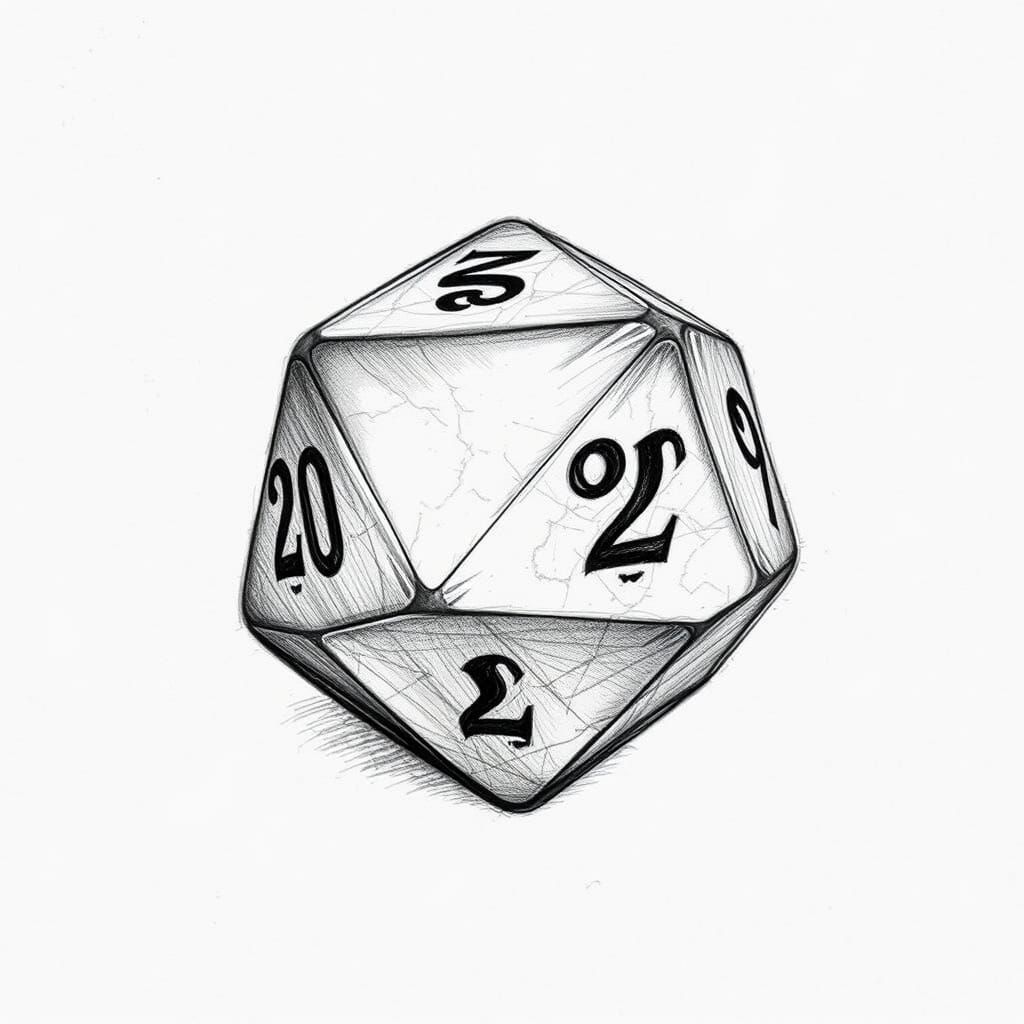 D20 Dice in Detailed Charcoal Rendering