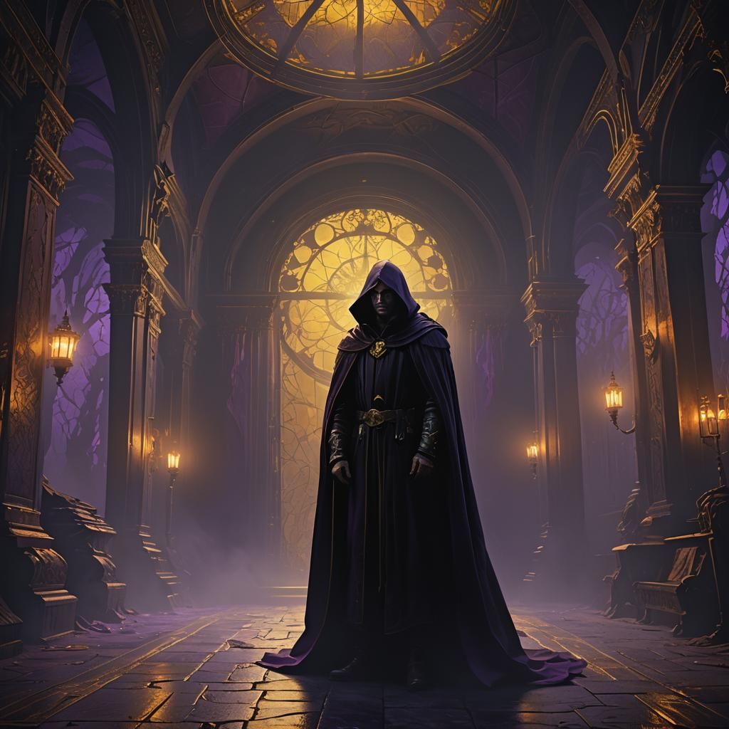 Dark Fantasy Cloaked Figure in Moody Lighting
