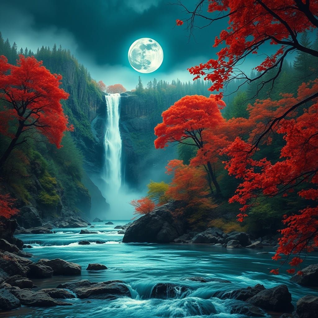 Mystical Waterfall Landscape at Dusk