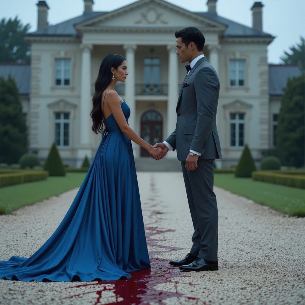 Couple Gazing Intensely at Mansion, Blood Streaks Ground