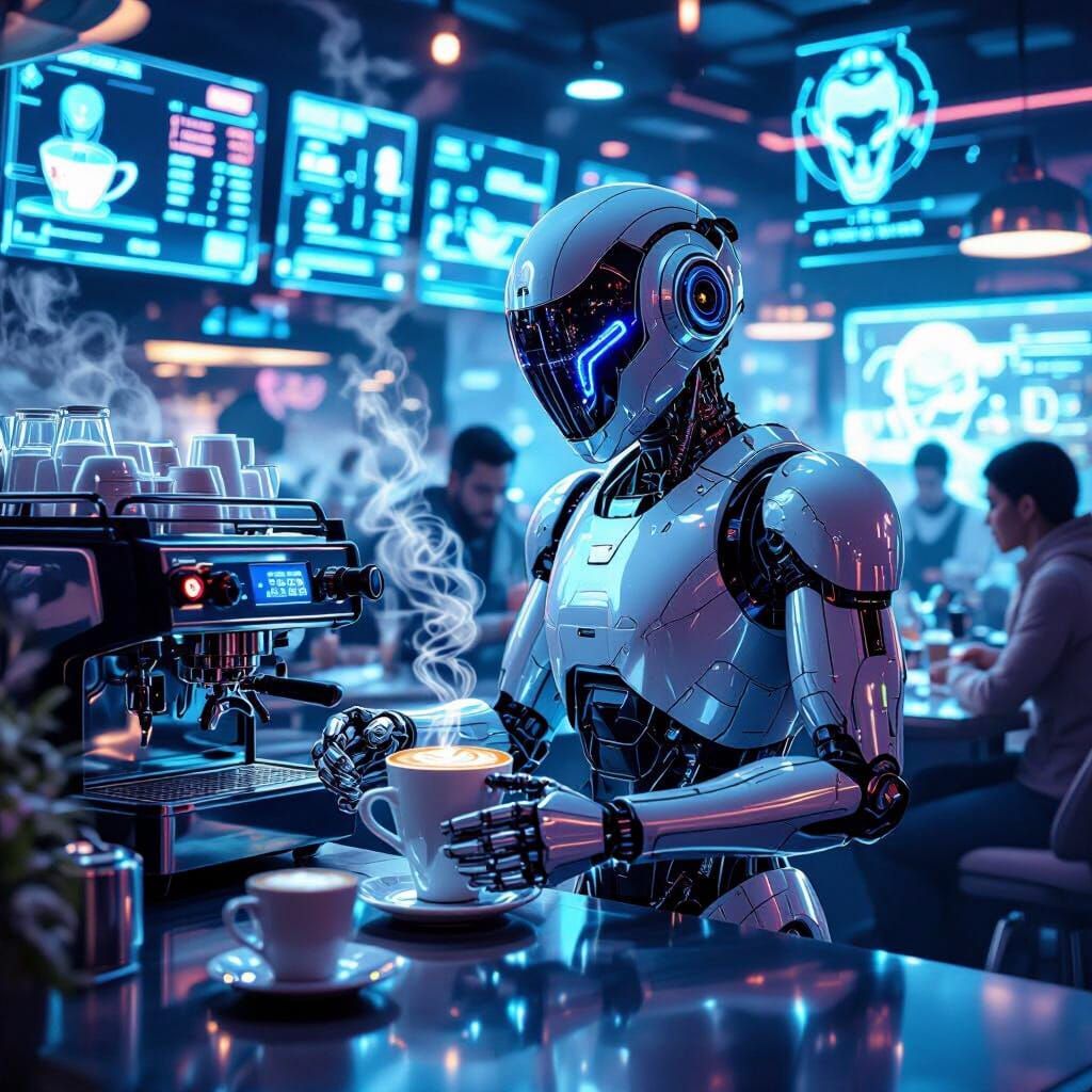 Futuristic Robot Barista Creates Latte Art in Neon Cafe