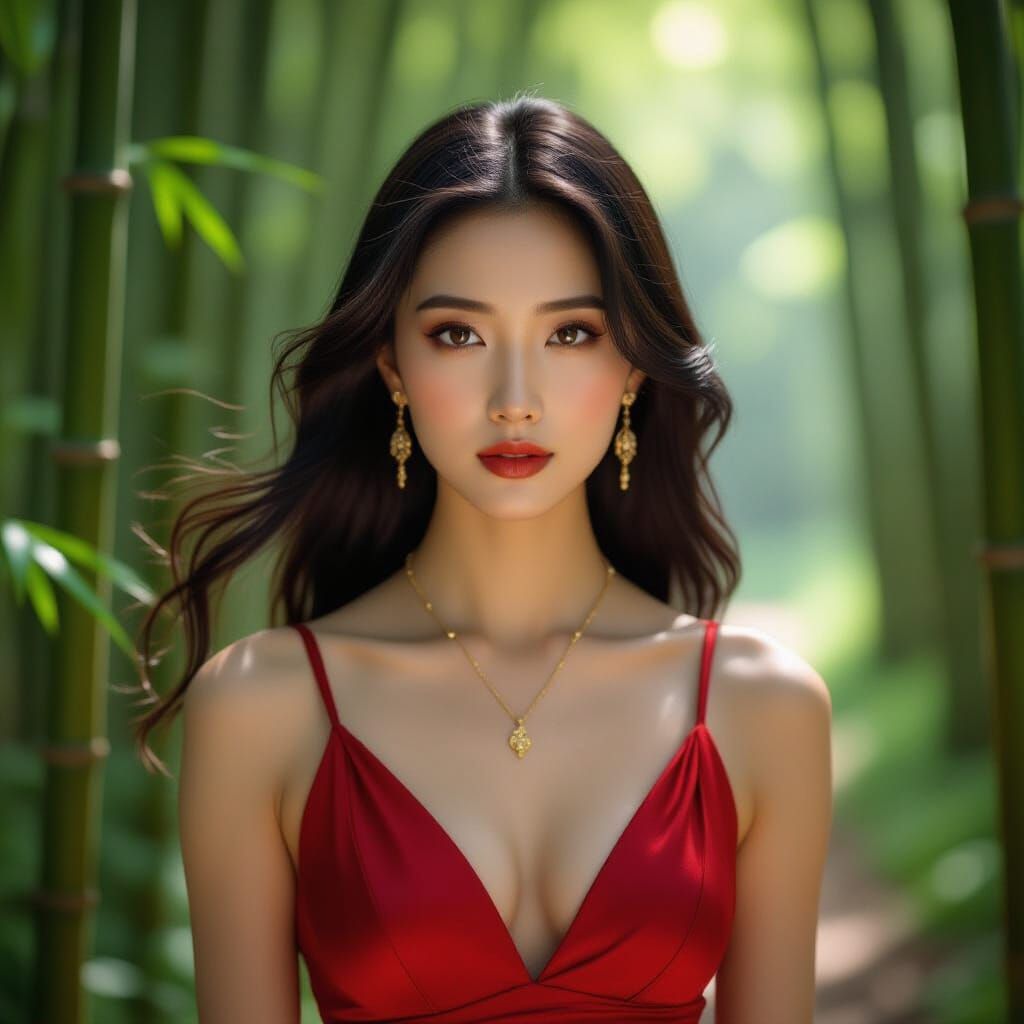 Contemplative Chinese Woman in Bamboo Forest: Hyperrealistic...