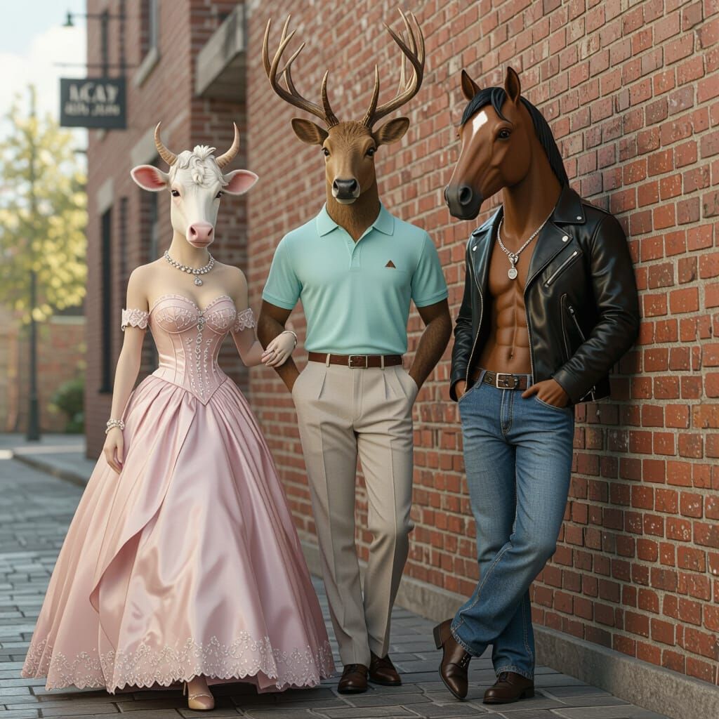 Elegant Cow and Stag with Confident Horse on Street