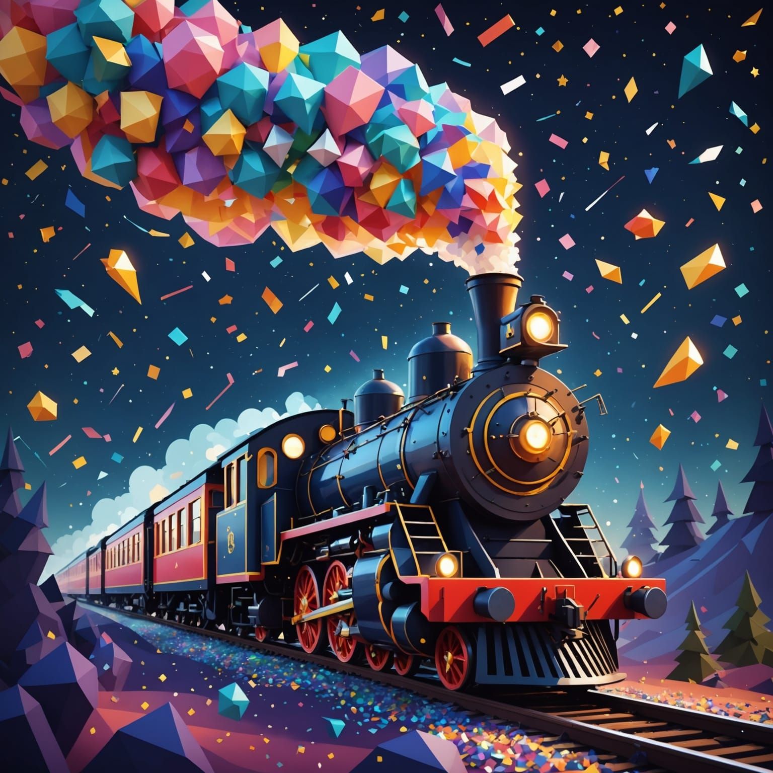 Low-Poly Steam Train in Starry Night Sky