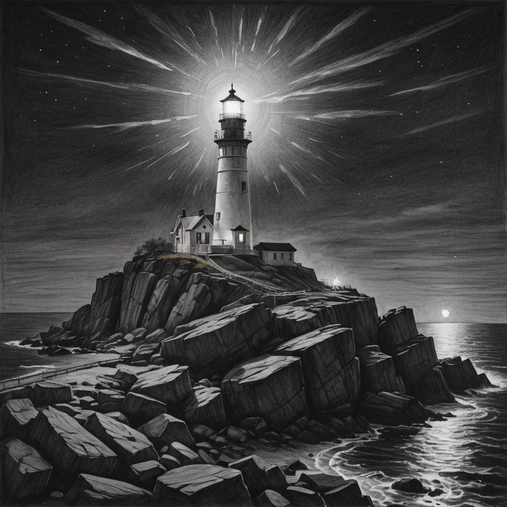 Hyperdetailed Charcoal Lighthouse on Rocky Outcrop