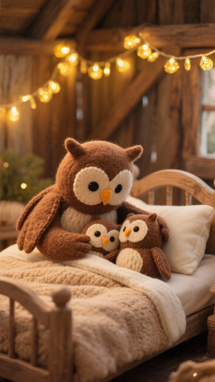 Felt Owl Family Tucked into Cozy Bed with Fairy Lights
