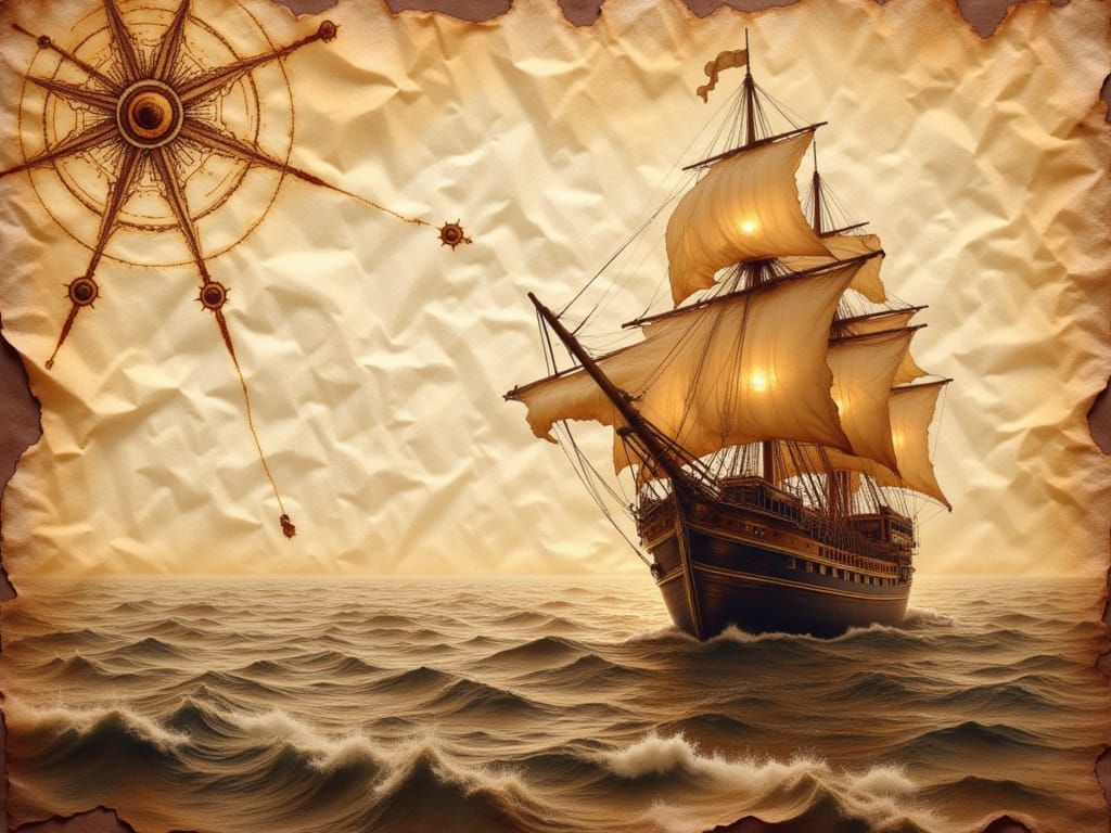 Pirate Ship Map with Compass Rose in Coffee Stain Art