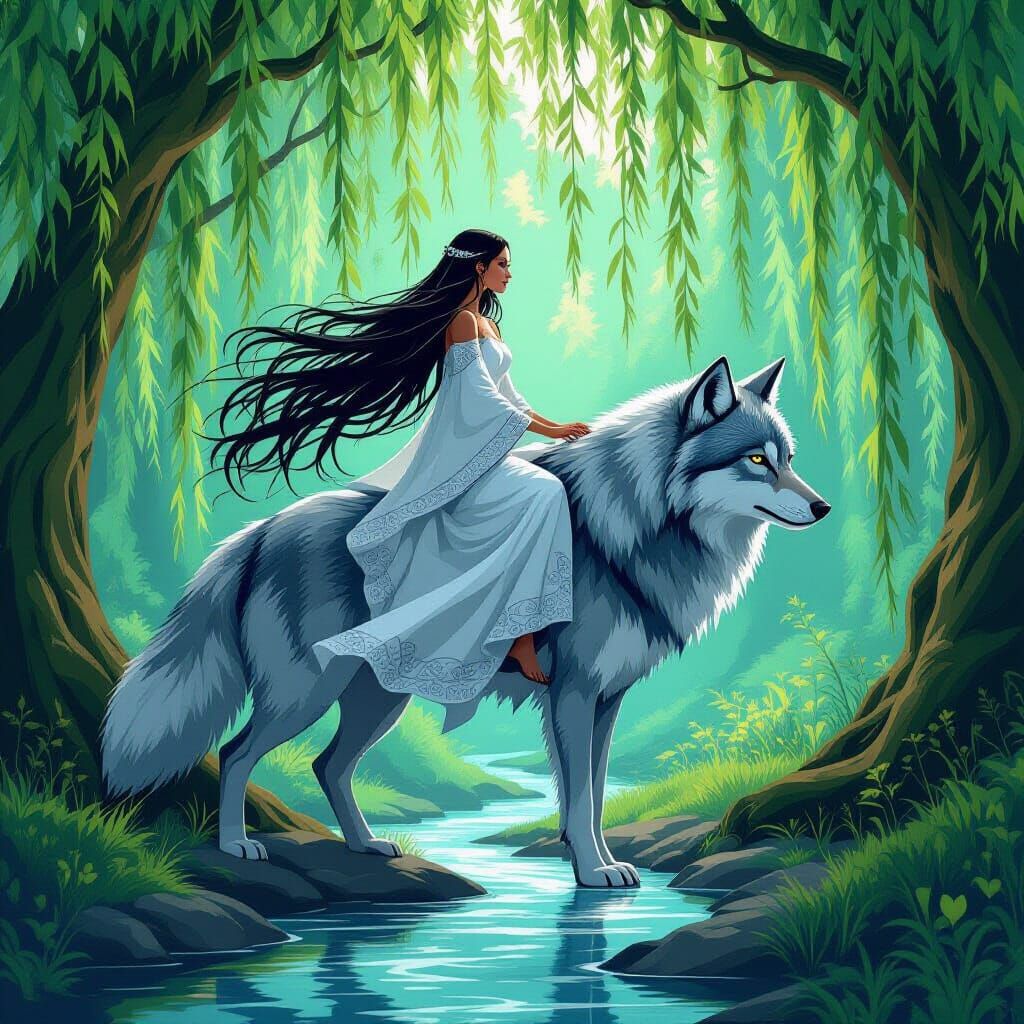 Woman Rides Wolf in Abstract Vector Fractal Forest