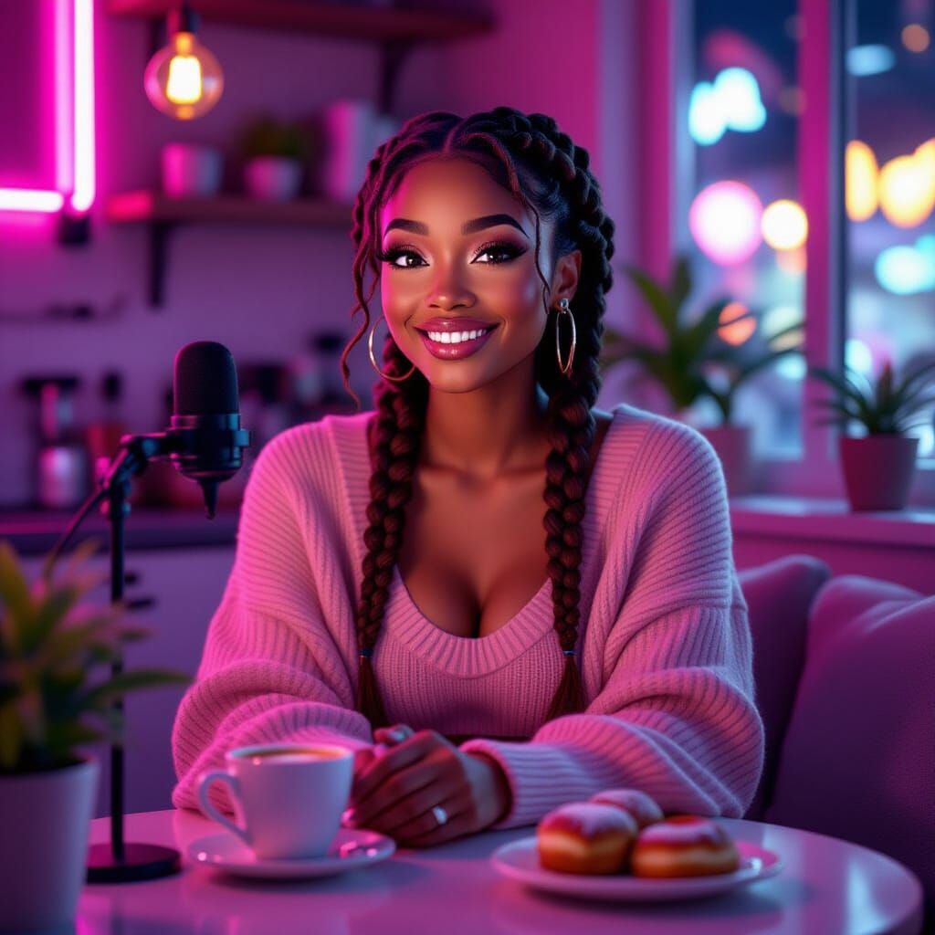 Black ASMR Influencer in Cozy Cafe with Neon Lights