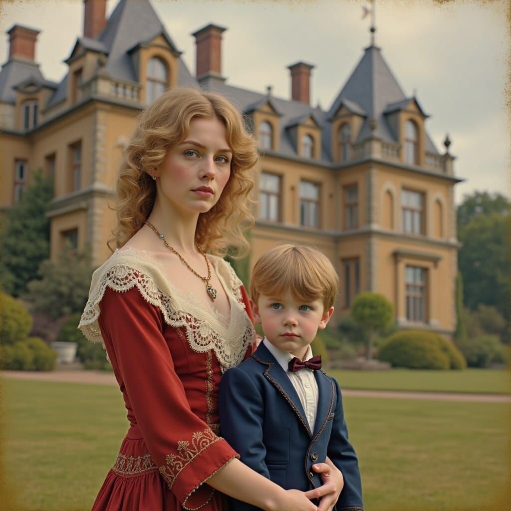 Edwardian Aristocrat Family in Front of Majestic Estate