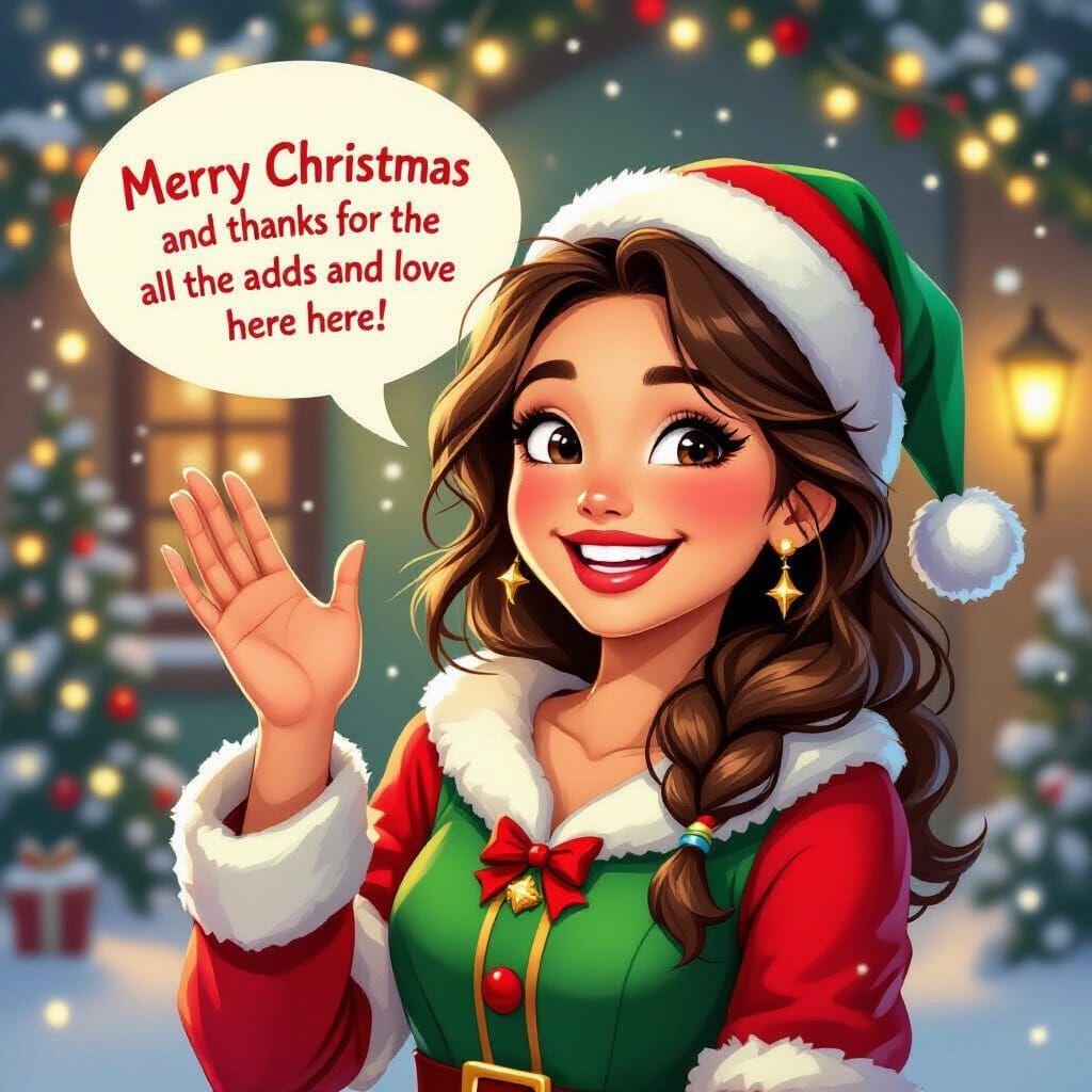 Cheerful Woman Wishes Merry Christmas in Festive Digital Art