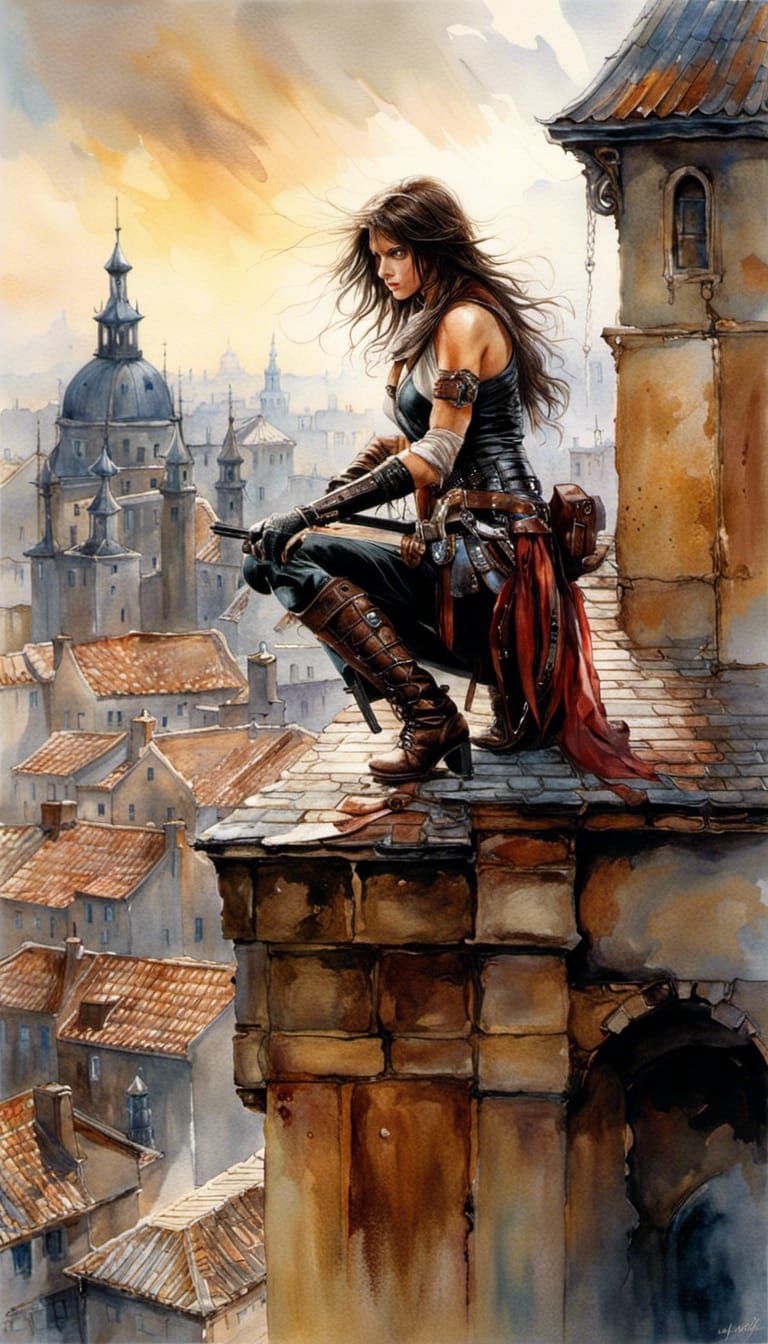 Medieval Assassin in Inkpunk Watercolor Cityscape